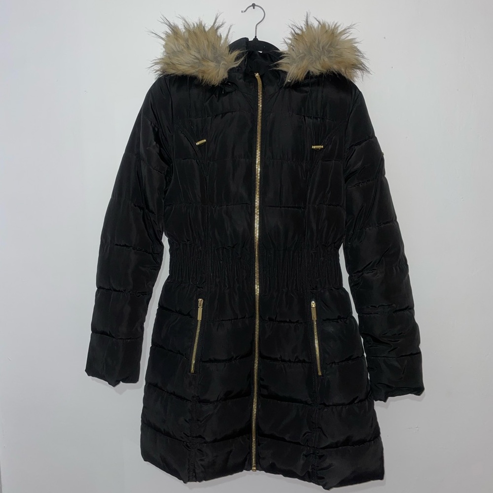Women's Black Puffer Jacket with Faux Fur Hood